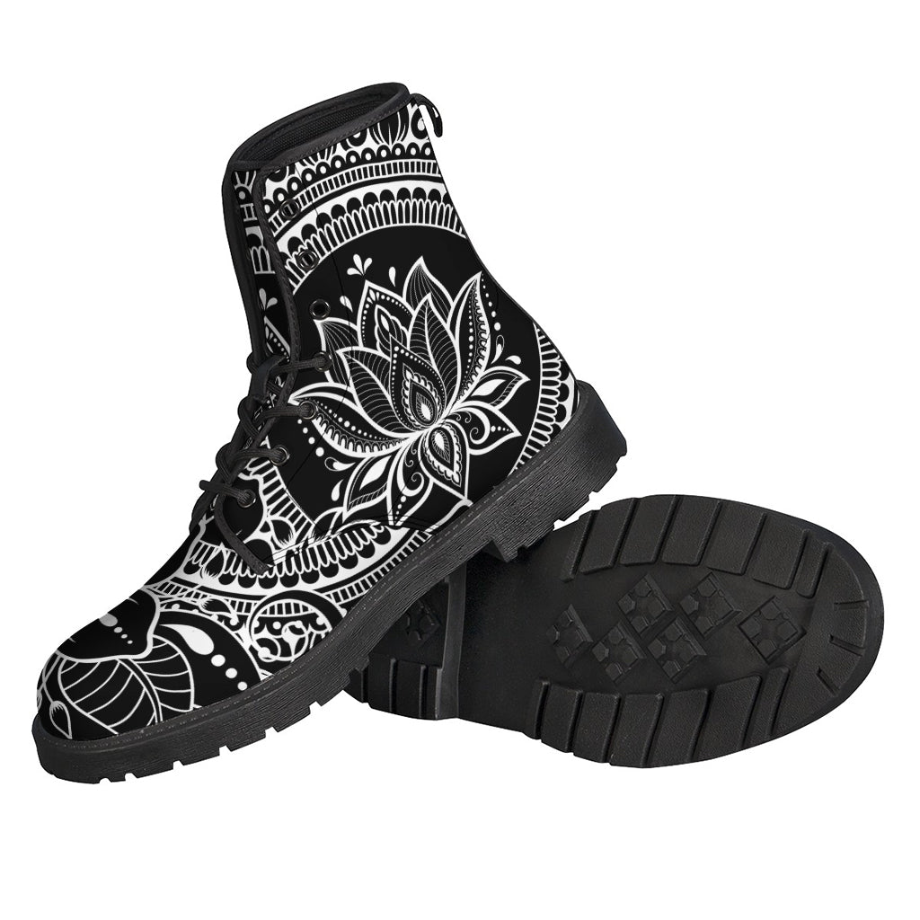 Lotus Flower Power: Black and White Leather Lightweight Boots for Hippies - 2