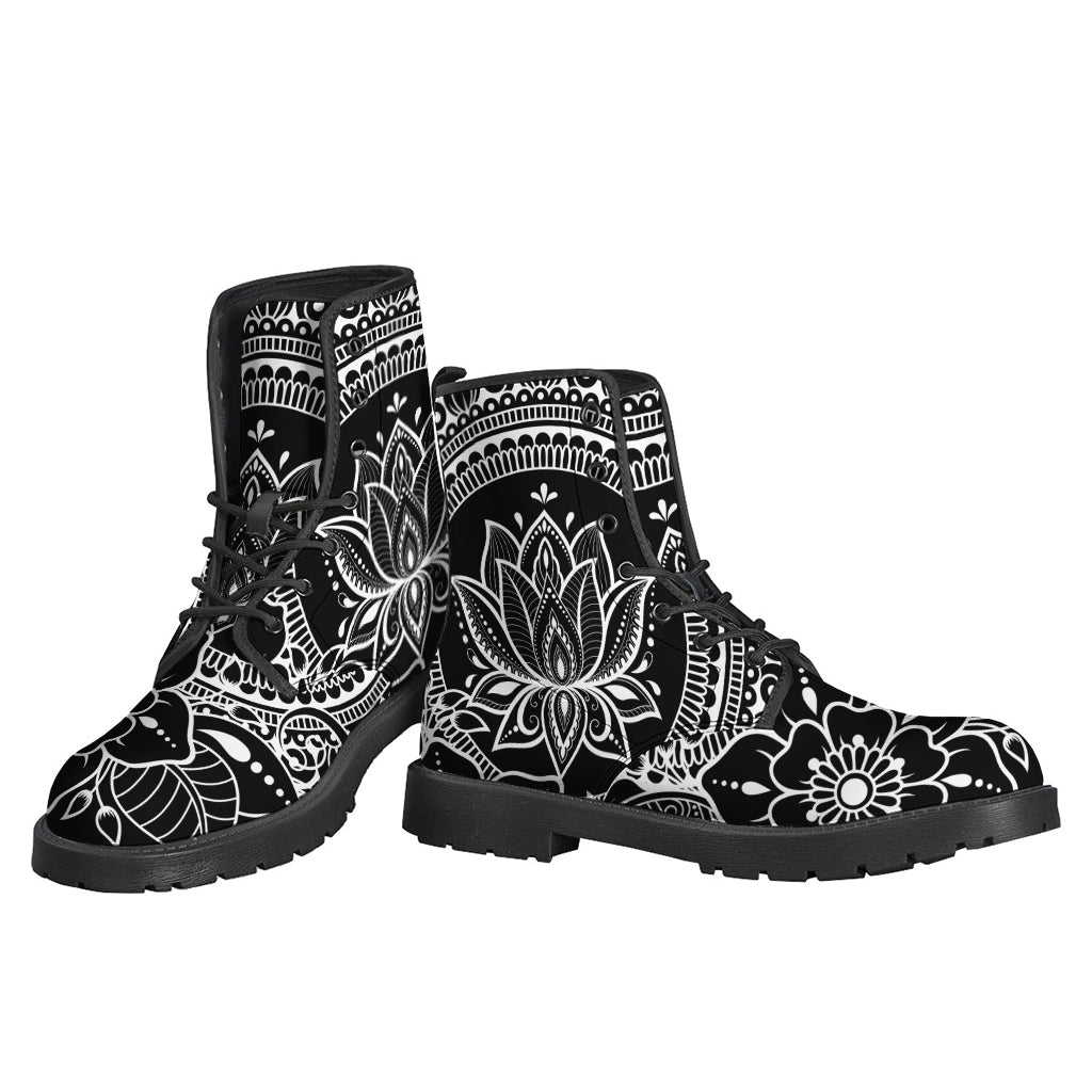 Lotus Flower Power: Black and White Leather Lightweight Boots for Hippies - 3