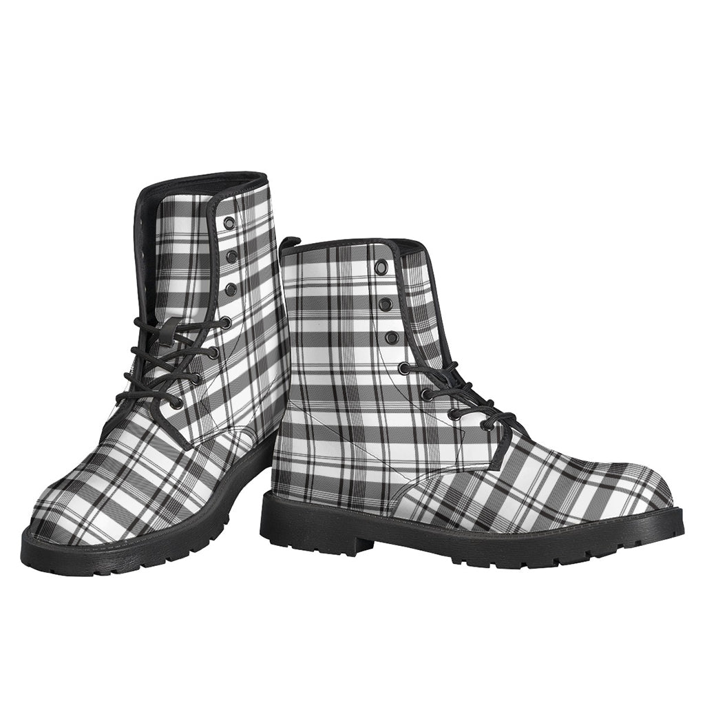 Boho Chic: Black and White Madras Pattern Leather Boots for Hippies - 3