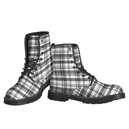 Boho Chic: Black and White Madras Pattern Leather Boots for Hippies - 3