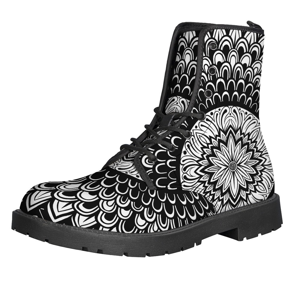 Step into Groovy Vibes with Our Black and White Mandala Print Leather Boots - 1