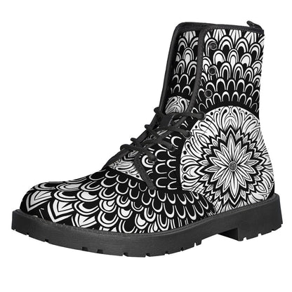 Step into Groovy Vibes with Our Black and White Mandala Print Leather Boots - 1