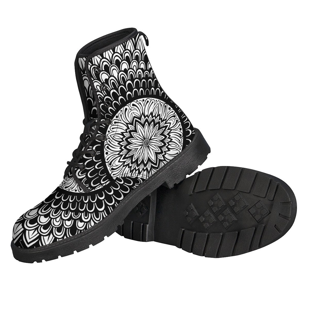 Step into Groovy Vibes with Our Black and White Mandala Print Leather Boots - 2