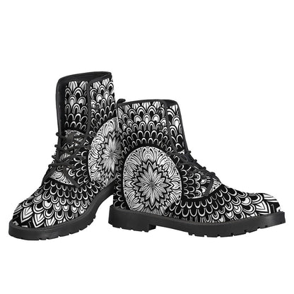 Step into Groovy Vibes with Our Black and White Mandala Print Leather Boots - 3