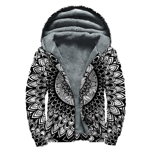 Groovy Vibes: Black and White Mandala Print Sherpa Lined Zip Up Hoodie - 1