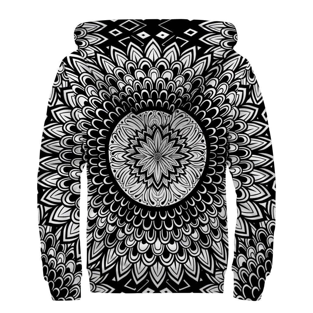 Groovy Vibes: Black and White Mandala Print Sherpa Lined Zip Up Hoodie - 2