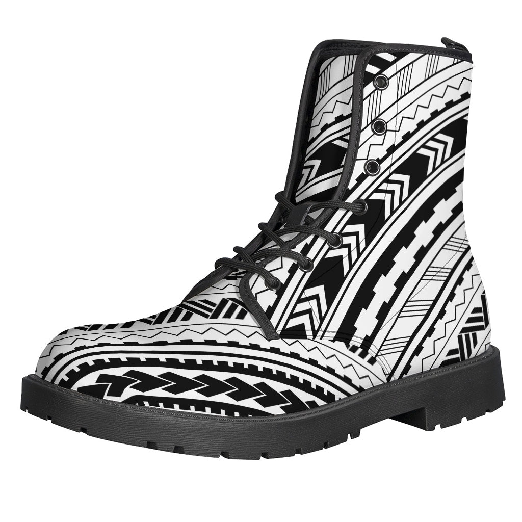 Boho Chic: Black and White Maori Polynesian Print Leather Boots for Hippies - 1