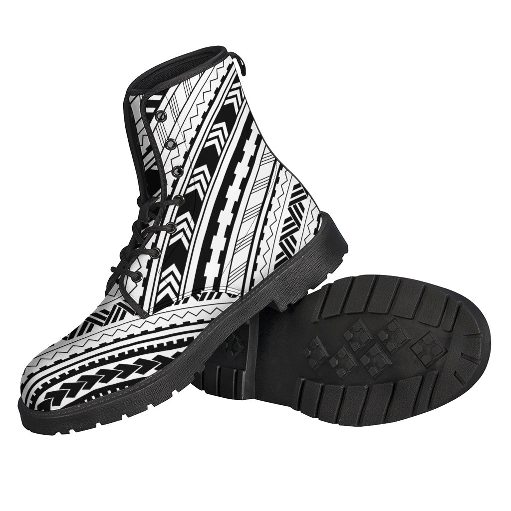 Boho Chic: Black and White Maori Polynesian Print Leather Boots for Hippies - 2