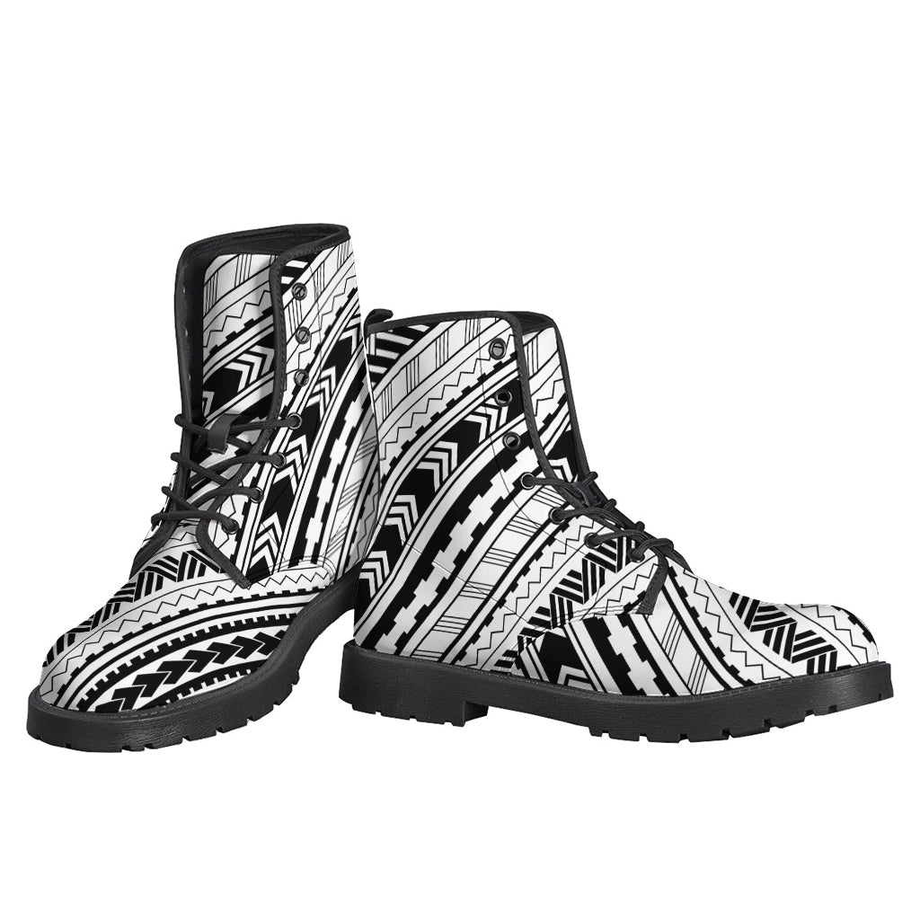 Boho Chic: Black and White Maori Polynesian Print Leather Boots for Hippies - 3