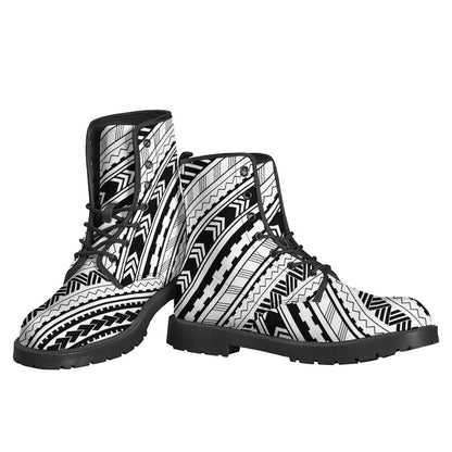 Boho Chic: Black and White Maori Polynesian Print Leather Boots for Hippies - 3