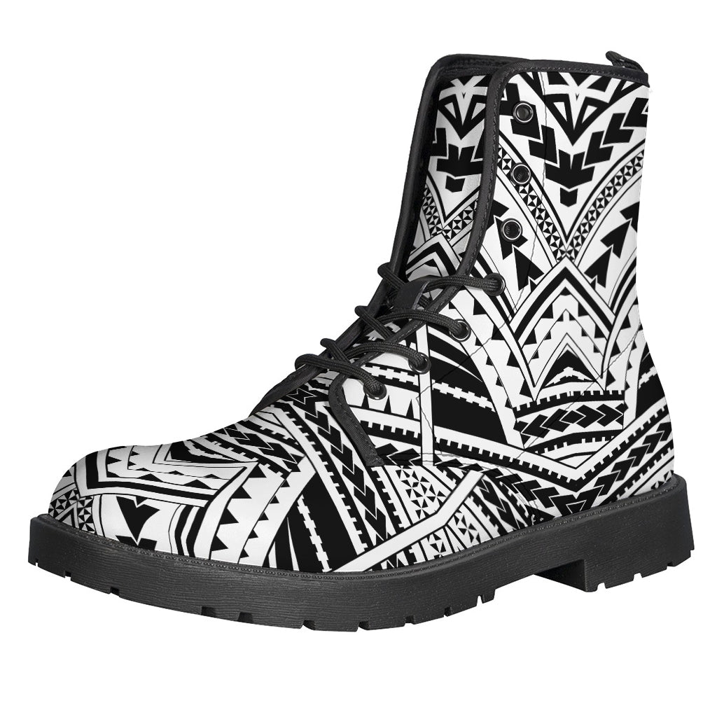 Black and White Maori Tribal Print Leather Lightweight Boots for Stylish Hippies - 1