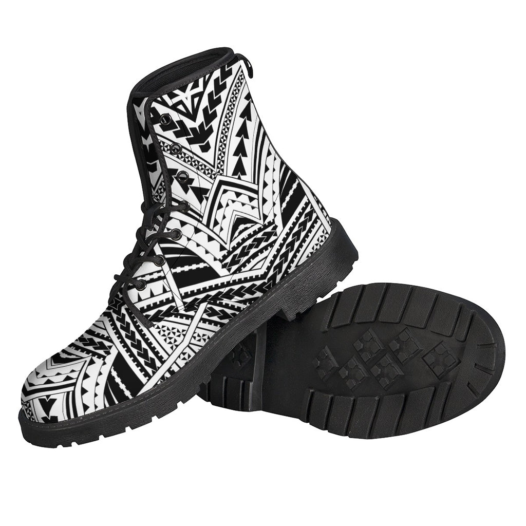 Black and White Maori Tribal Print Leather Lightweight Boots for Stylish Hippies - 2