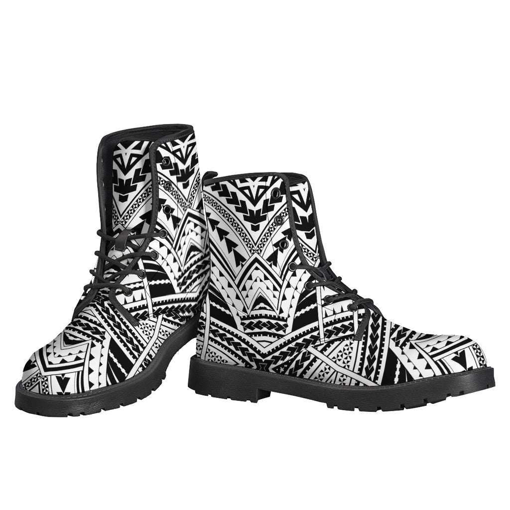 Black and White Maori Tribal Print Leather Lightweight Boots for Stylish Hippies - 3