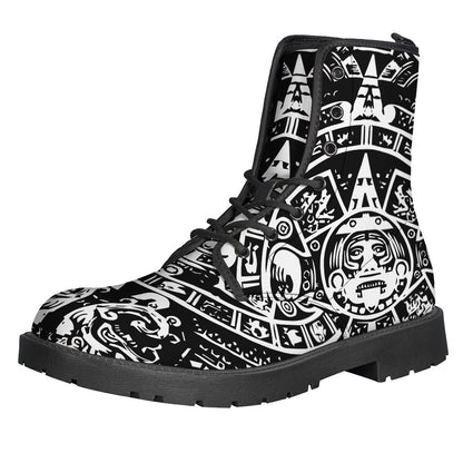 Groovy Black and White Maya Calendar Print Leather Boots for Free-Spirited Hippies - 1