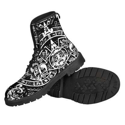 Groovy Black and White Maya Calendar Print Leather Boots for Free-Spirited Hippies - 2