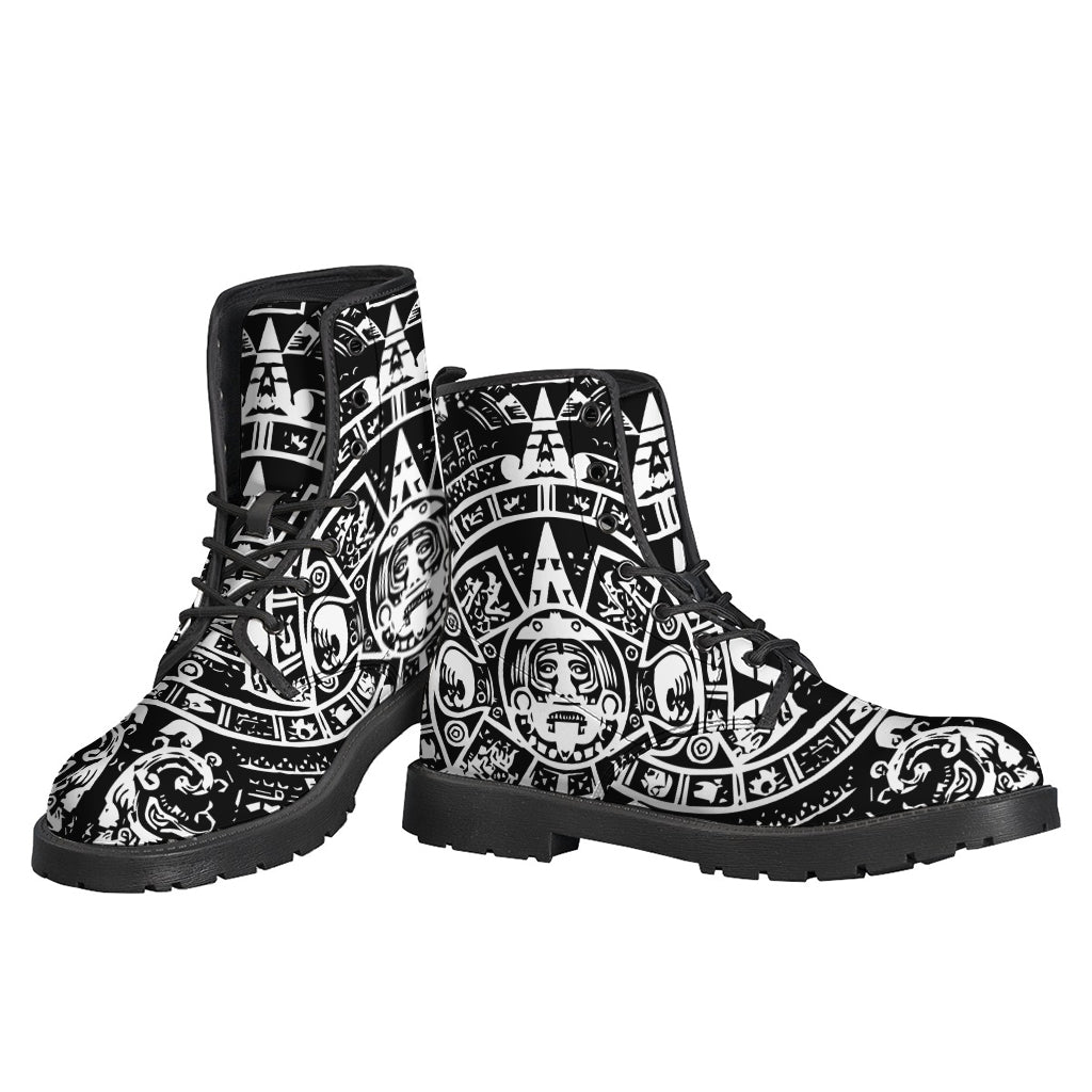 Groovy Black and White Maya Calendar Print Leather Boots for Free-Spirited Hippies - 3