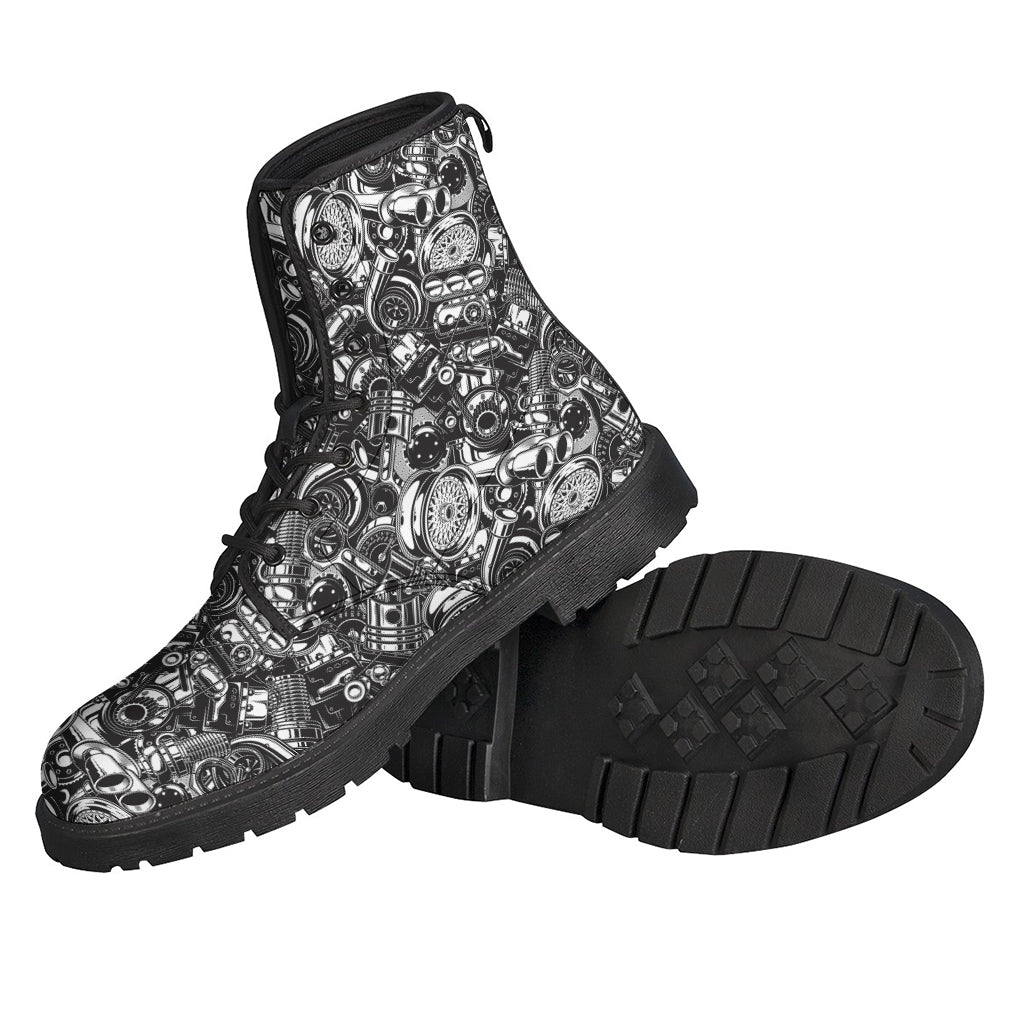 Boho Chic: Black and White Mechanic Pattern Leather Lightweight Boots for Trendsetting Hippies - 2