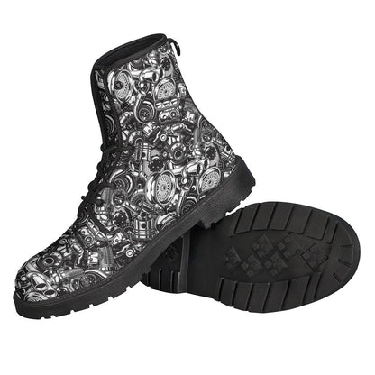 Boho Chic: Black and White Mechanic Pattern Leather Lightweight Boots for Trendsetting Hippies - 2