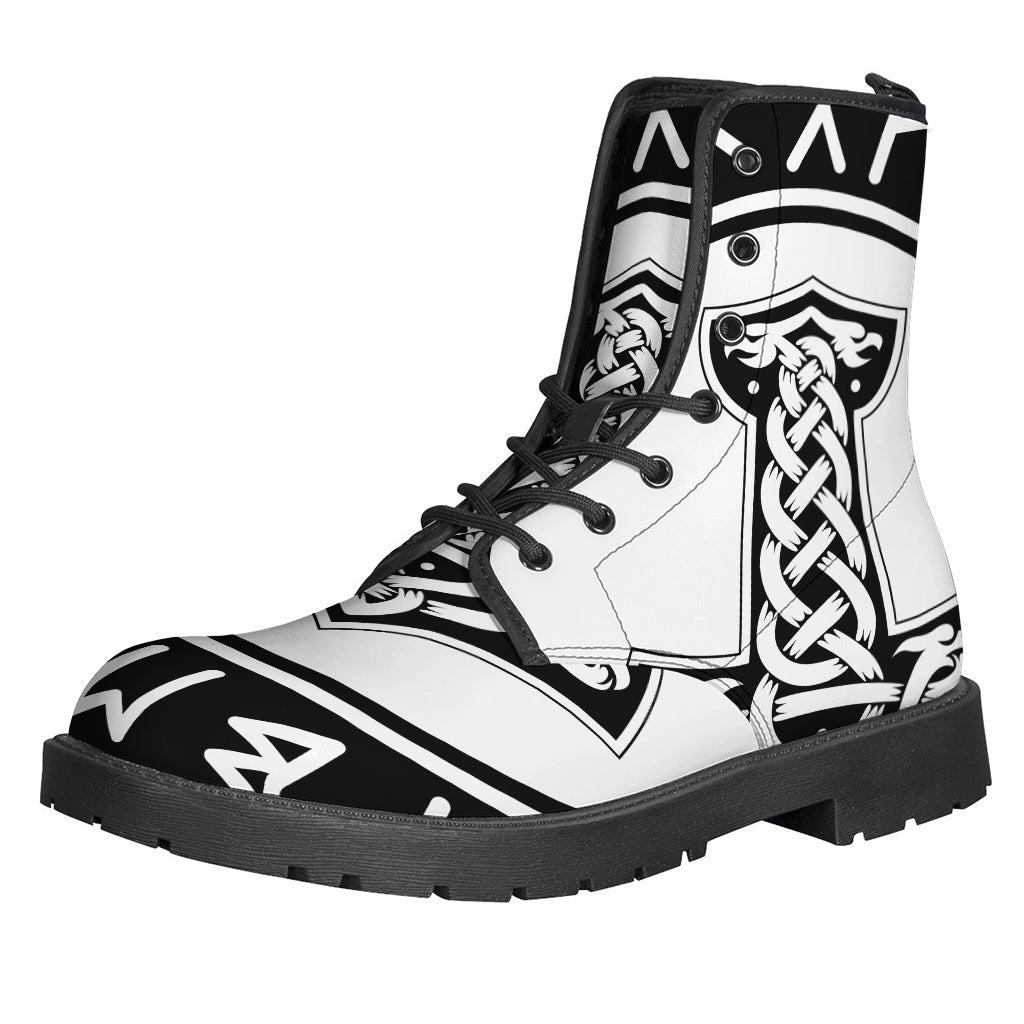 Stay Groovy in Style with Black and White Mjolnir Print Leather Boots - 1