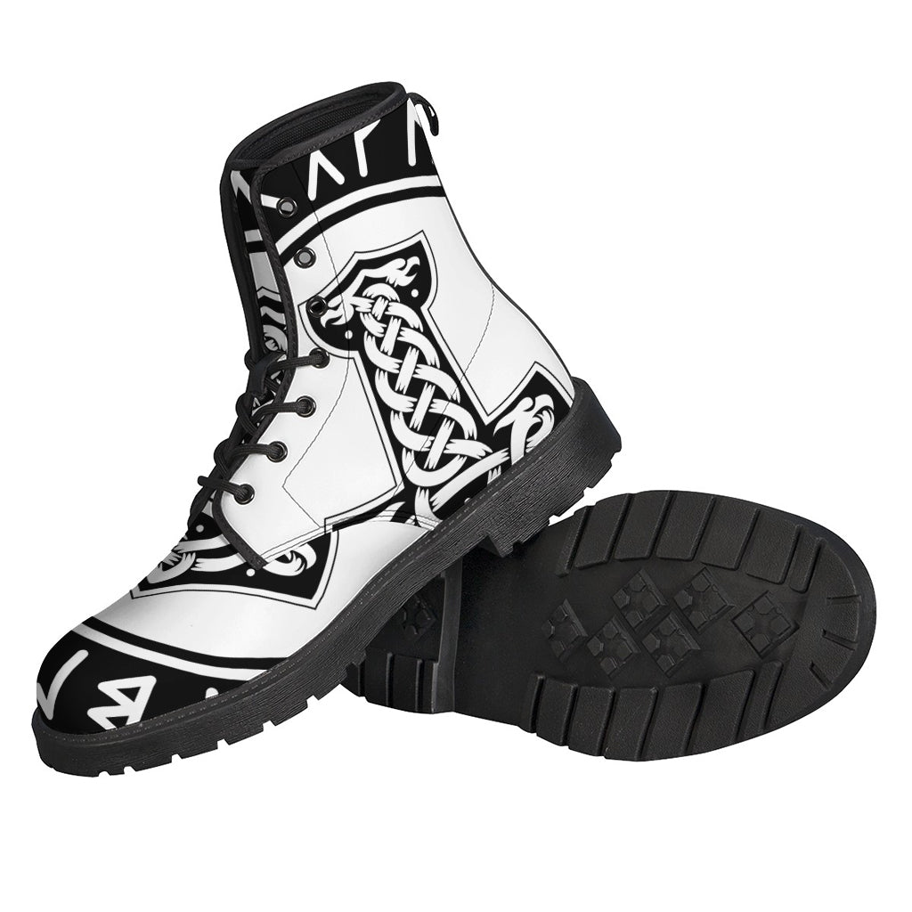 Stay Groovy in Style with Black and White Mjolnir Print Leather Boots - 2