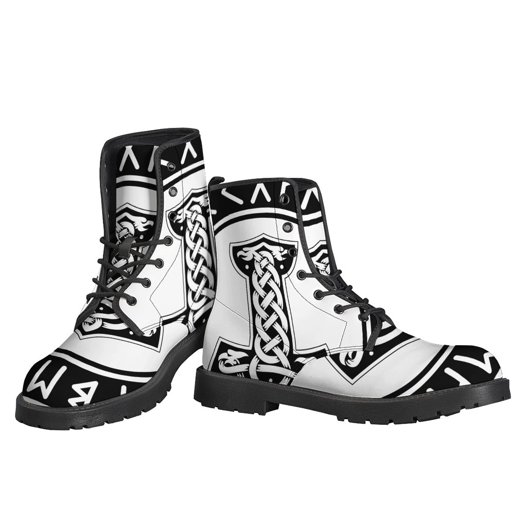 Stay Groovy in Style with Black and White Mjolnir Print Leather Boots - 3