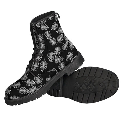 Groovy Monstera Pattern Leather Boots for Peace-Loving Hippies - 2