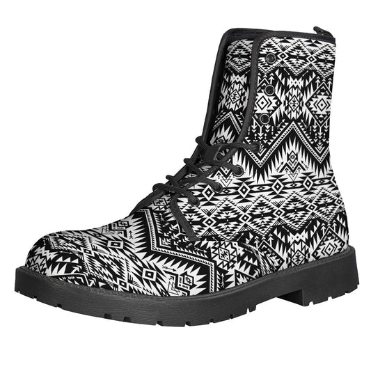 Black and White Navajo Print Leather Hippie Boots for Stylish Wanderers - 1