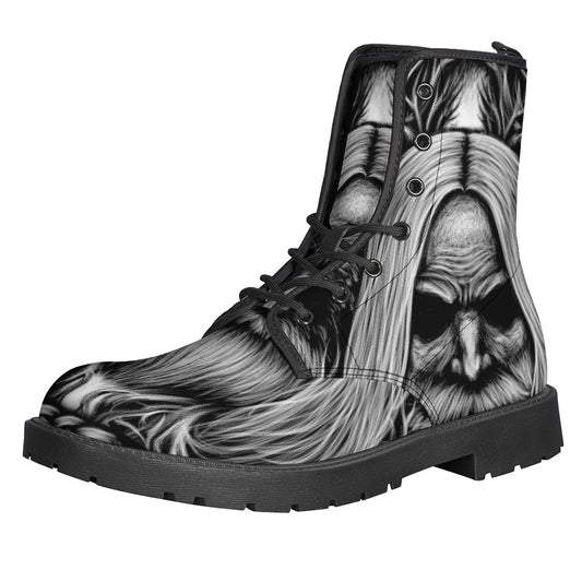 Bohemian Bliss: Black and White Odin with Crows Print Leather Boots - 1