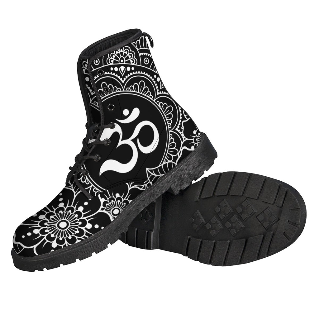 Black and White Om Print Leather Boots: The Ultimate Hippie Style - 2