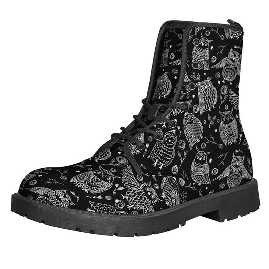 Groovy Owl Pattern Leather Lightweight Boots for the Free-Spirited Hippie - 1