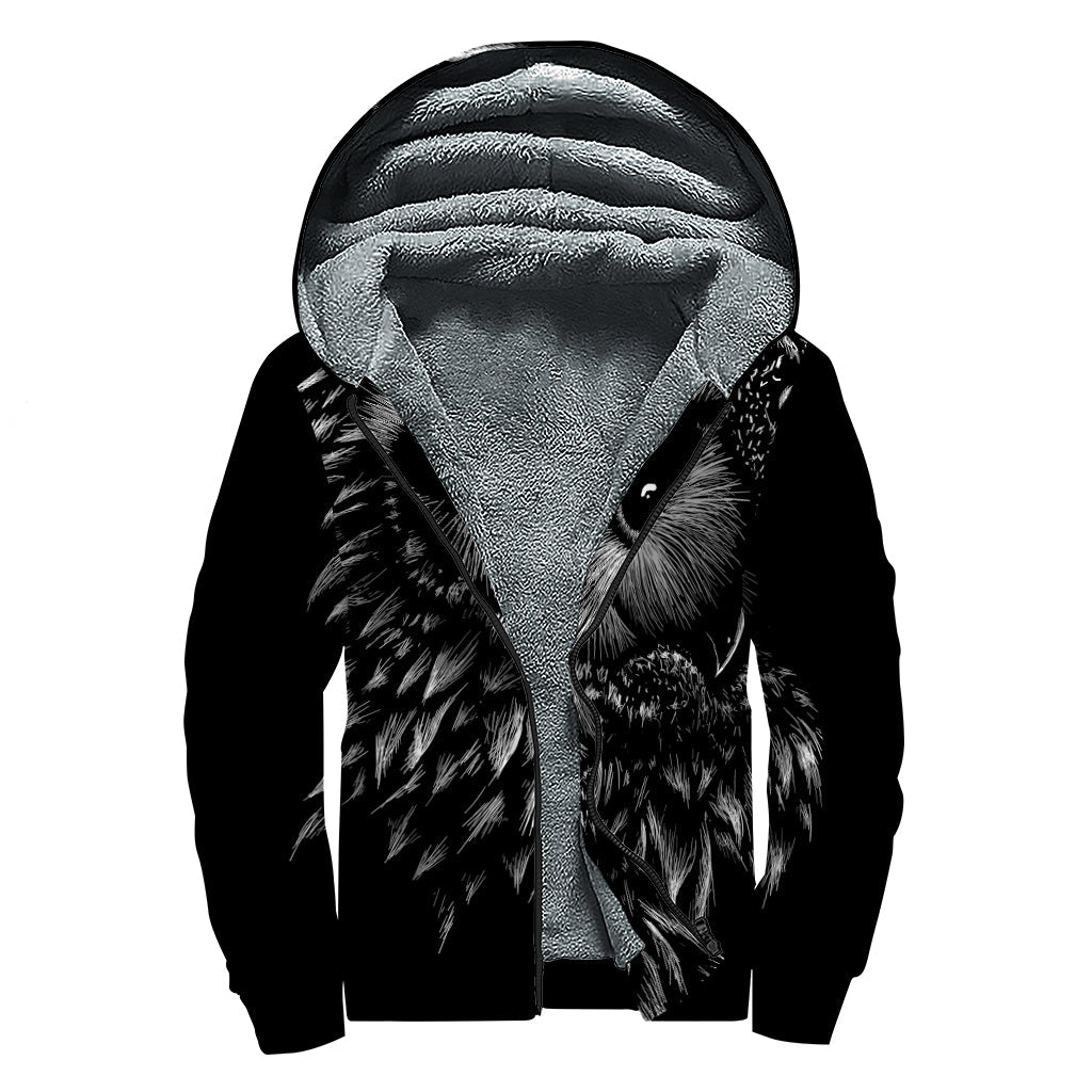 Black and White Owl Print Hippie Chic Sherpa Lined Zip Up Hoodie - 1