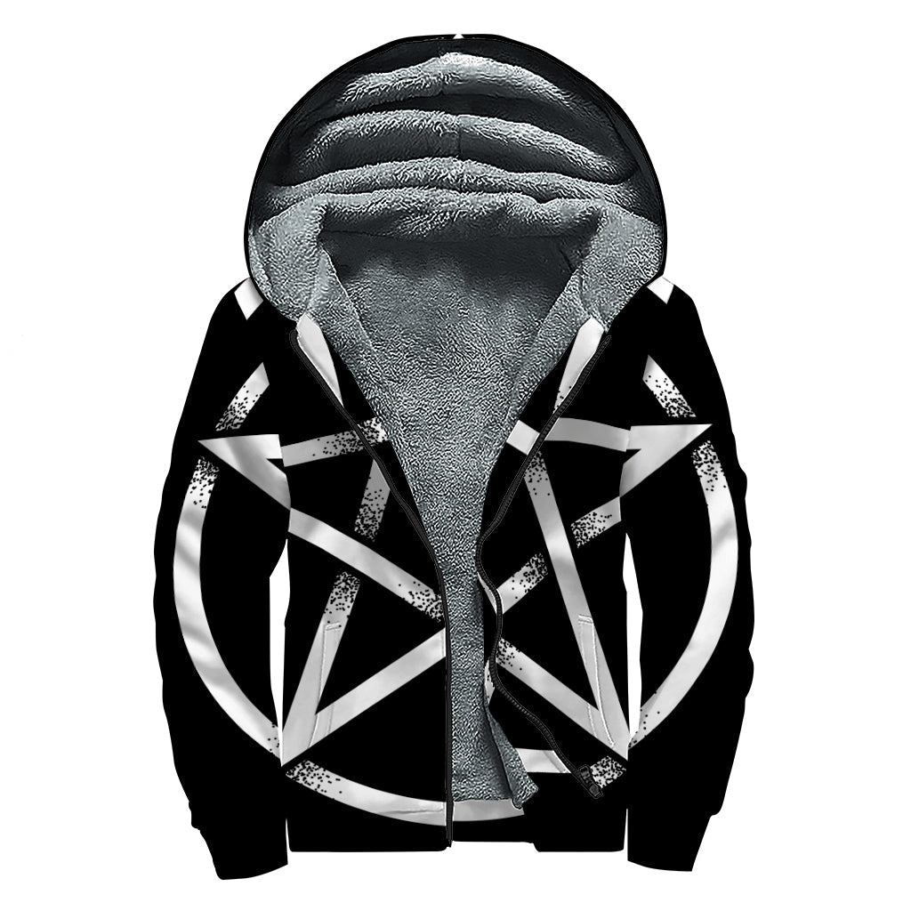 Black and White Pentagram Symbol Print Sherpa Lined Hippie Zip Up Hoodie - 1