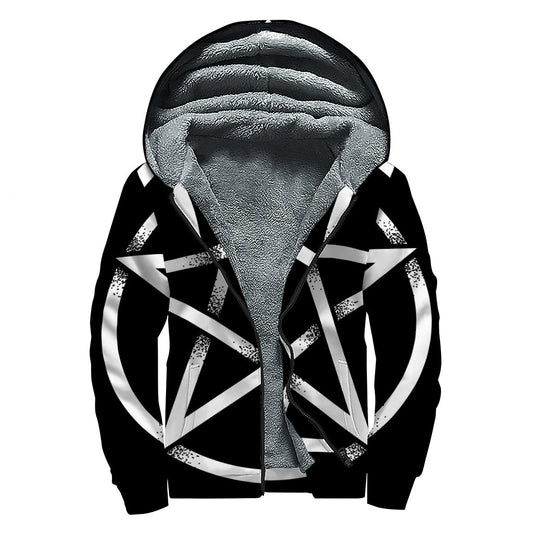 Black and White Pentagram Symbol Print Sherpa Lined Hippie Zip Up Hoodie - 1