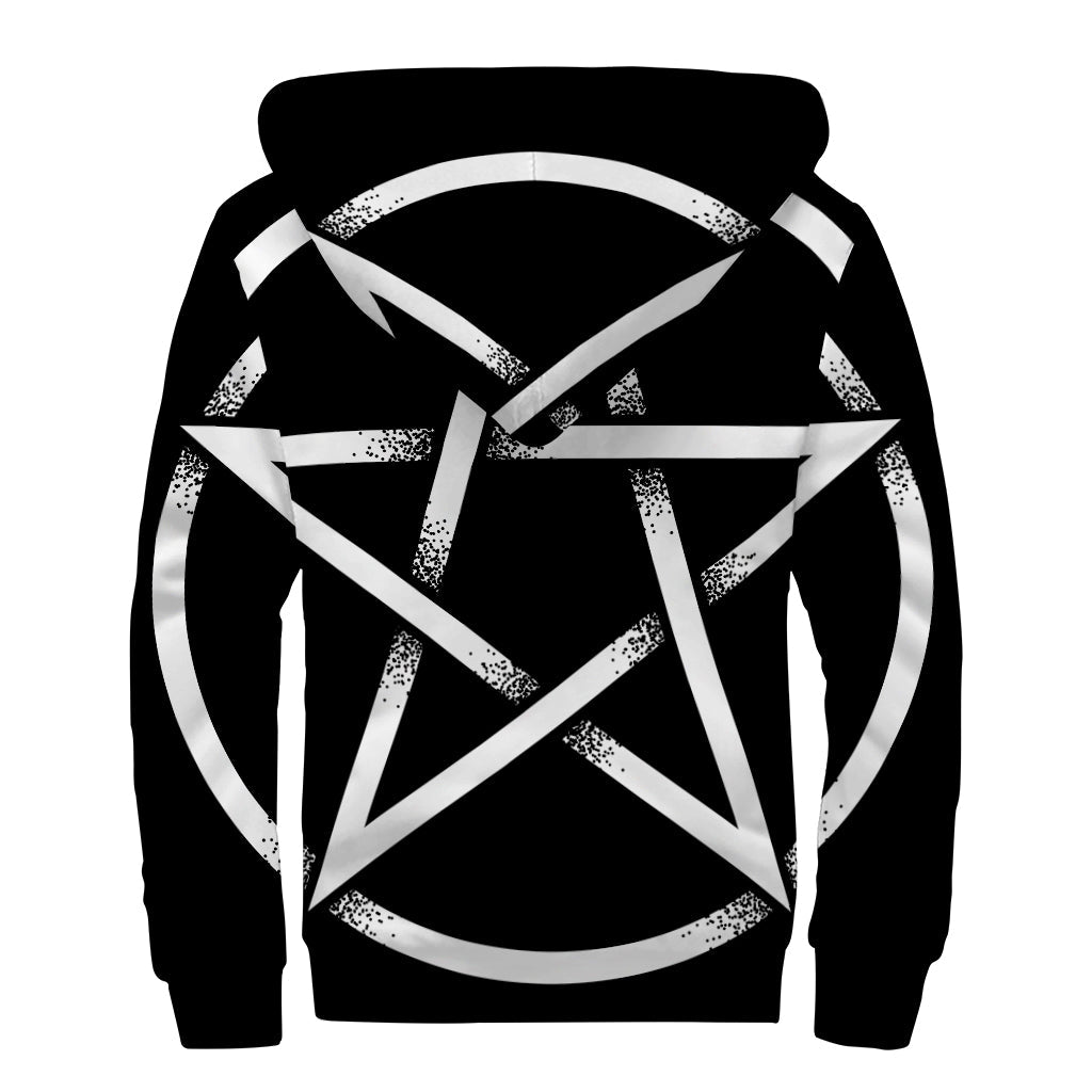 Black and White Pentagram Symbol Print Sherpa Lined Hippie Zip Up Hoodie - 2