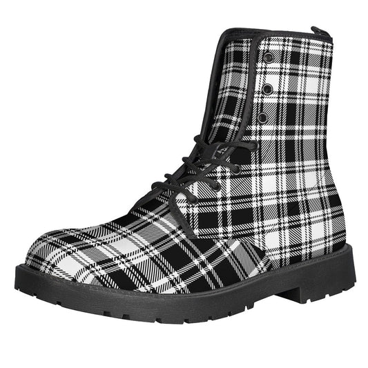 Black and White Plaid Pattern Print Leather Boho Boots - 1