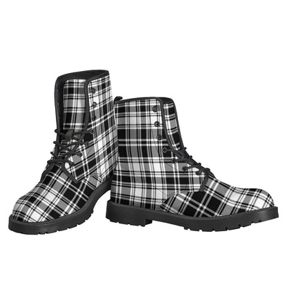 Black and White Plaid Pattern Print Leather Boho Boots - 3