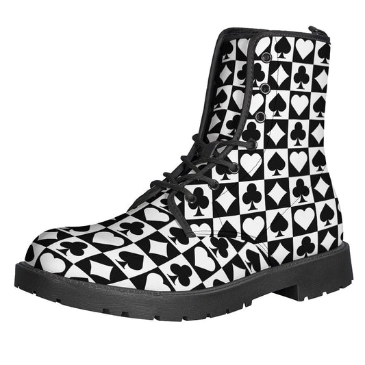 Kickin' it with Hippie Style: Black & White Playing Card Suits Print Leather Boots - 1