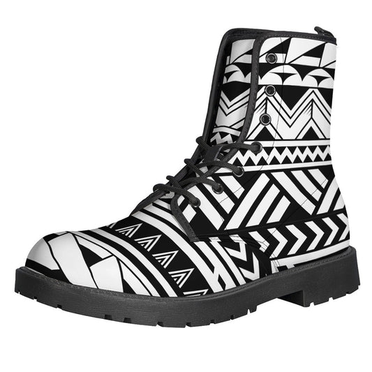 Black and White Polynesian Pattern Leather Boots for Groovy Hippies - 1