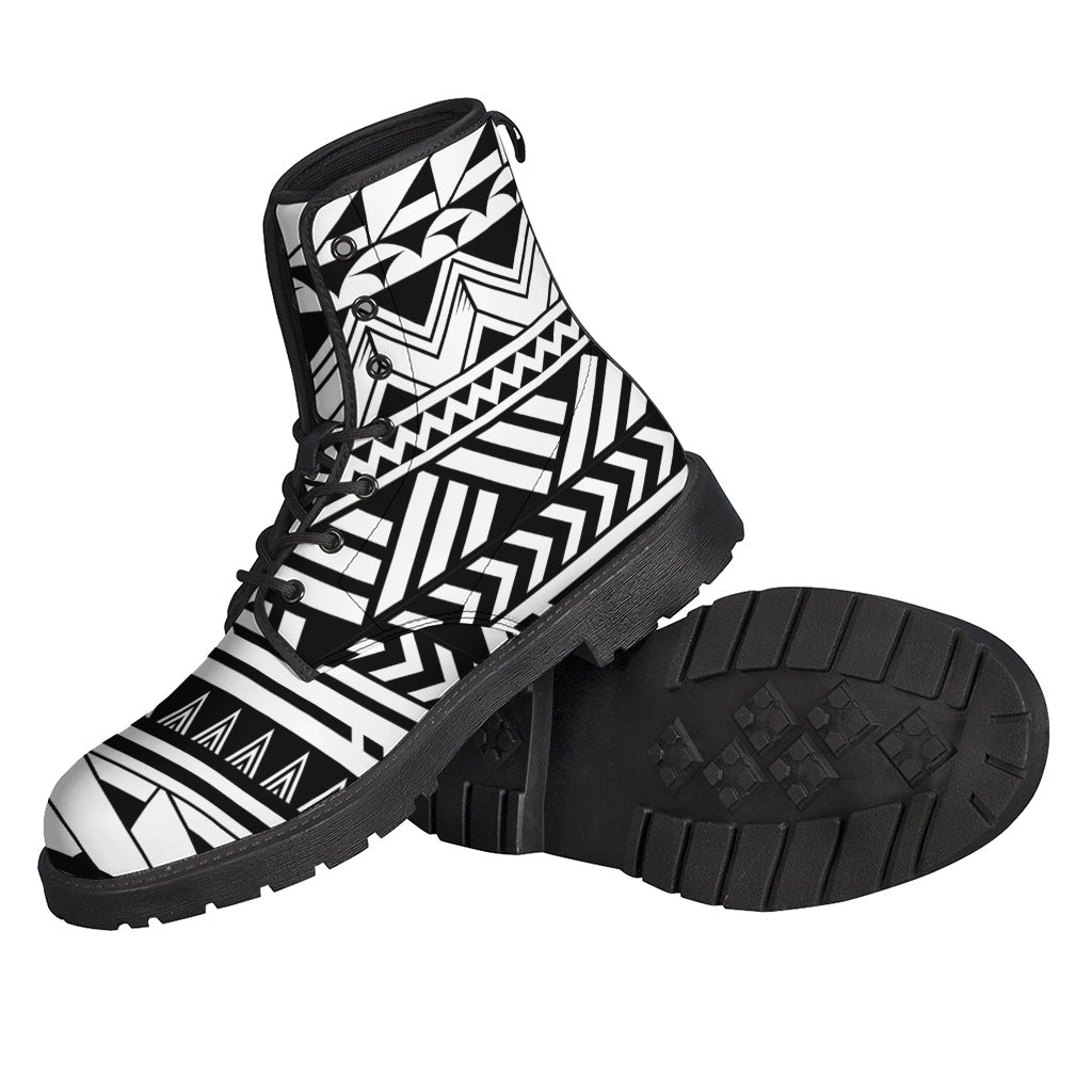 Black and White Polynesian Pattern Leather Boots for Groovy Hippies - 2