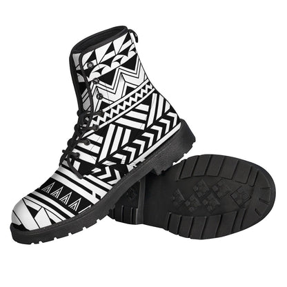 Black and White Polynesian Pattern Leather Boots for Groovy Hippies - 2