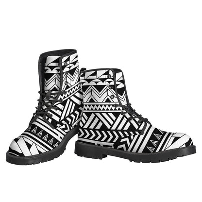 Black and White Polynesian Pattern Leather Boots for Groovy Hippies - 3