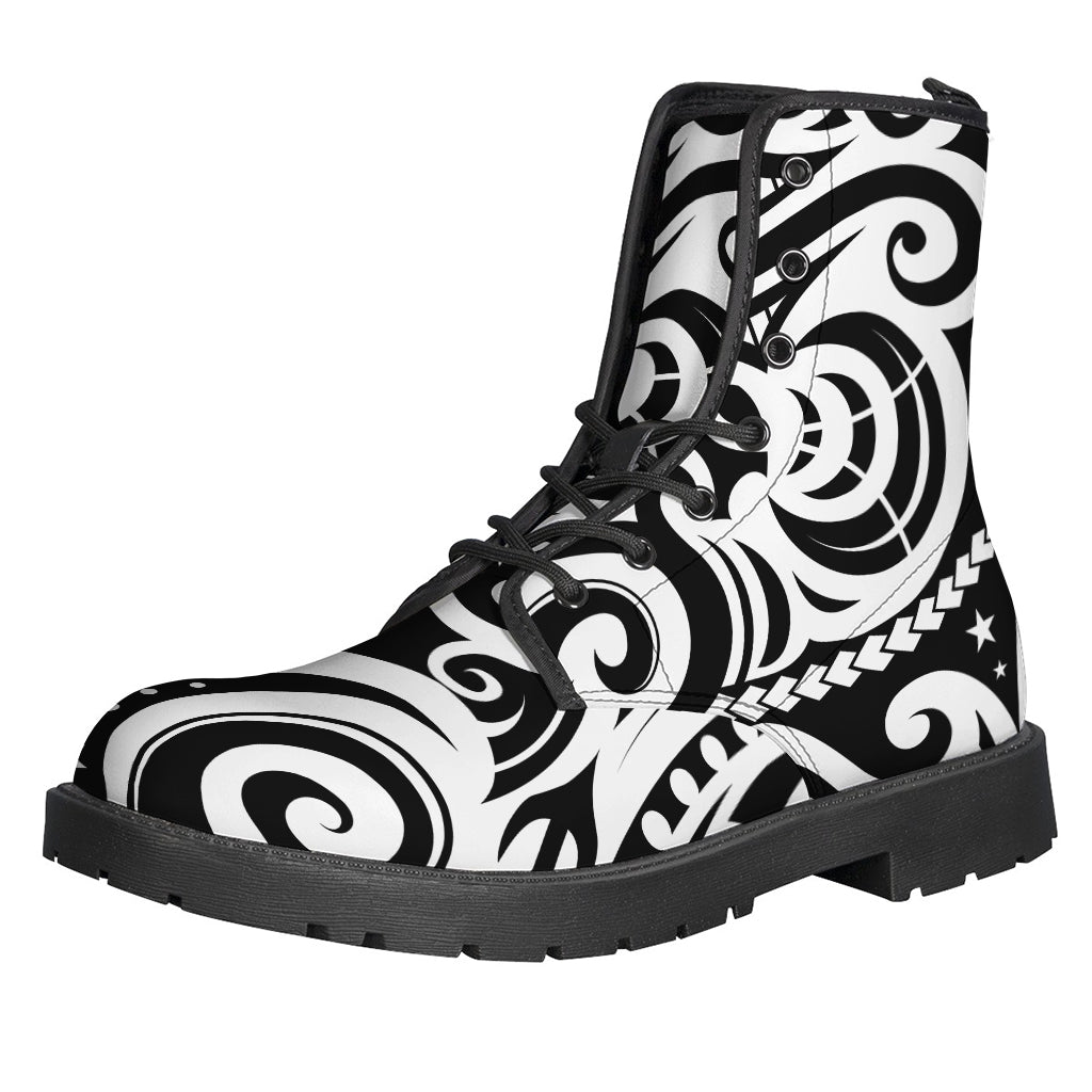 Black and White Polynesian Tattoo Print Leather Lightweight Boots for the Free-Spirited Hippie - 1