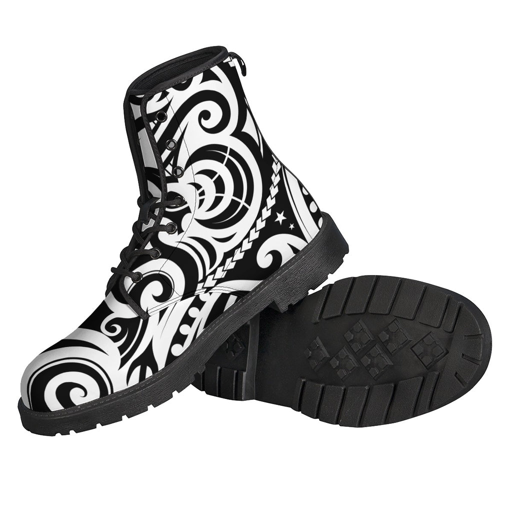 Black and White Polynesian Tattoo Print Leather Lightweight Boots for the Free-Spirited Hippie - 2