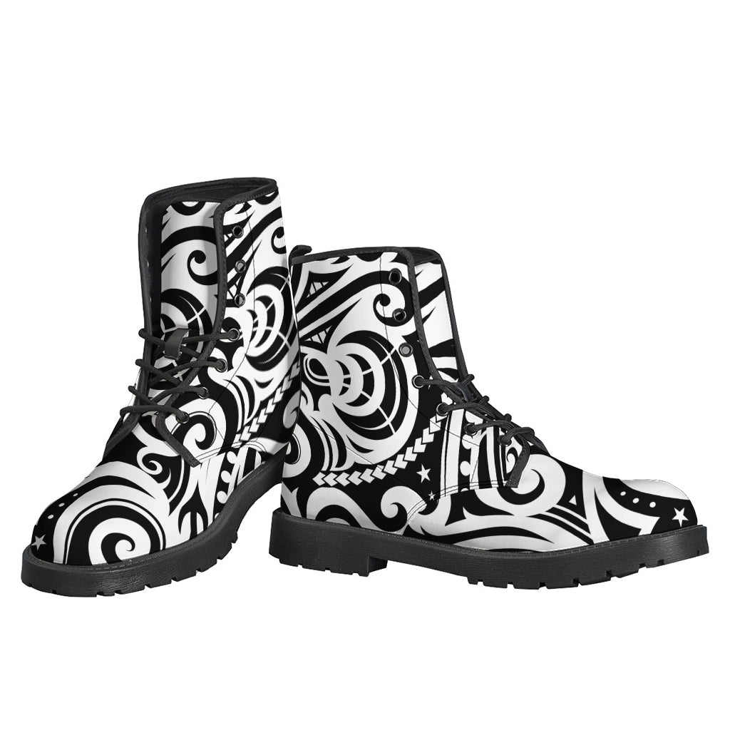 Black and White Polynesian Tattoo Print Leather Lightweight Boots for the Free-Spirited Hippie - 3