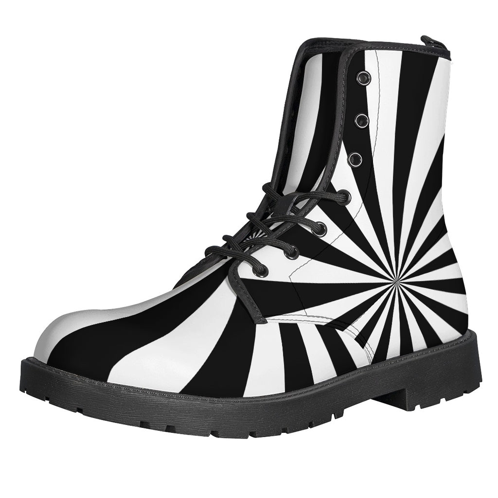 Groovy Vibes: Black and White Radial Rays Leather Boots for Modern Hippies - 1