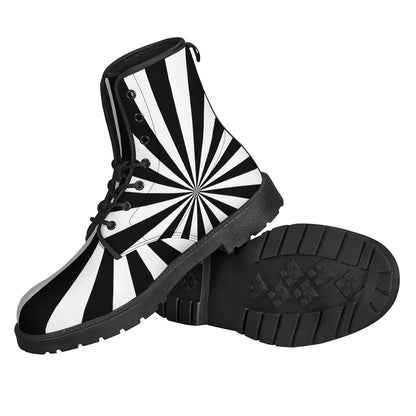 Groovy Vibes: Black and White Radial Rays Leather Boots for Modern Hippies - 2