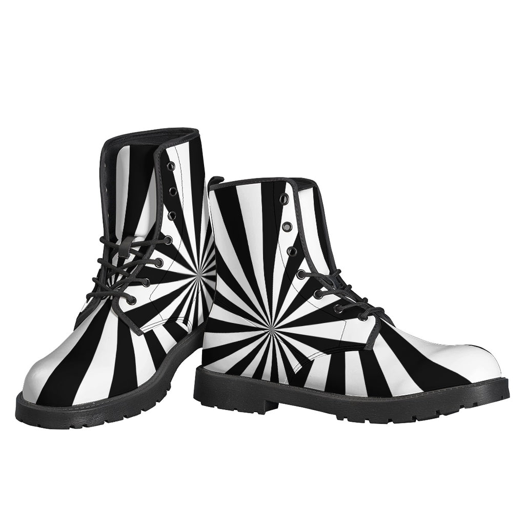 Groovy Vibes: Black and White Radial Rays Leather Boots for Modern Hippies - 3