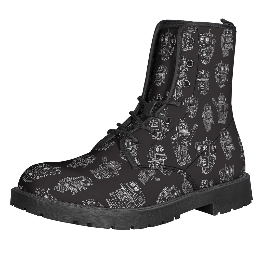 Boho-Chic Leather Lightweight Boots with Robot Pattern Print - 1