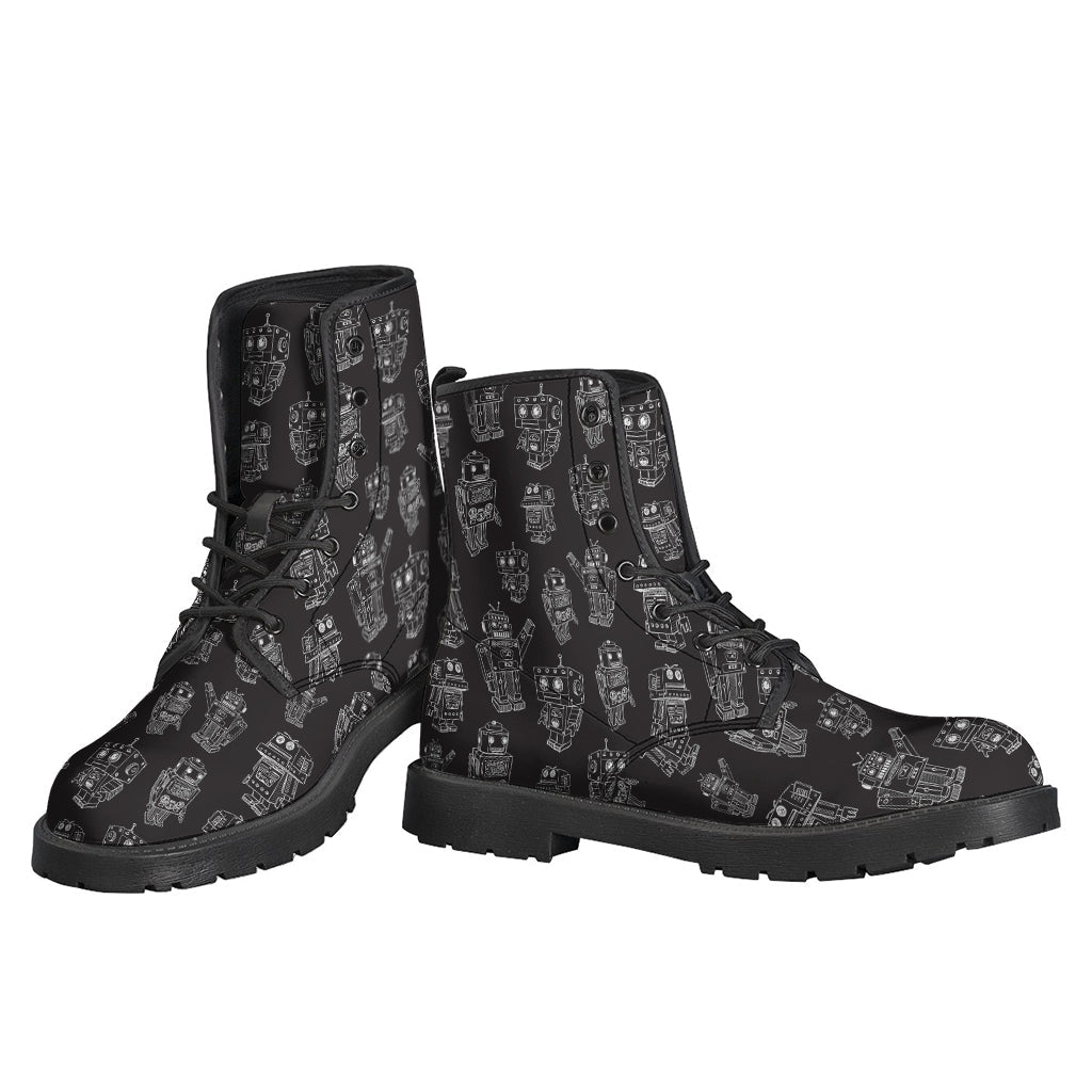 Boho-Chic Leather Lightweight Boots with Robot Pattern Print - 3