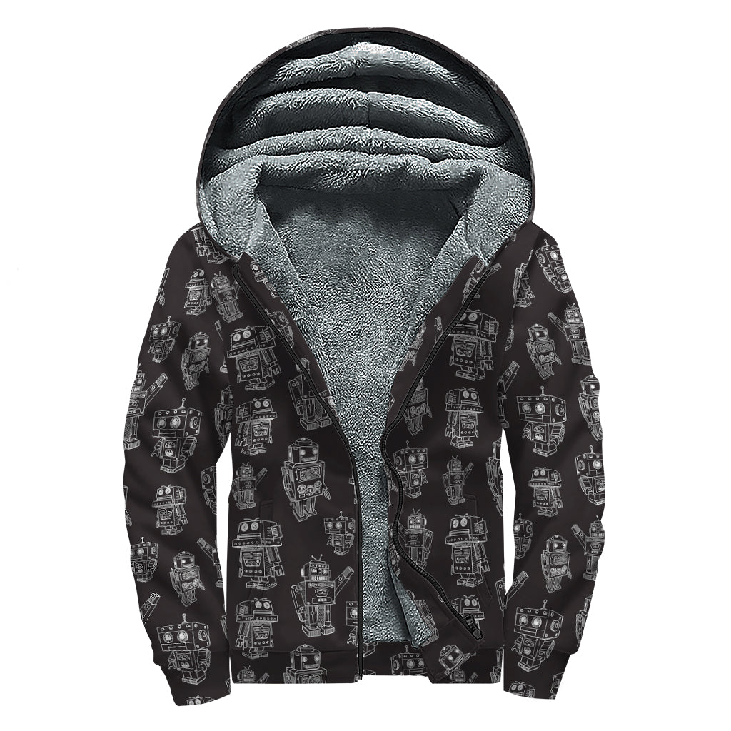 Groovy Black and White Robot Pattern Print Sherpa Lined Zip Up Hoodie for Cosmic Hippie Vibes - 1